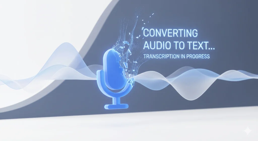 Fignit AI Transcriber interface showing a 3D microphone converting audio waves into text for the Transcribe Audio to Text Online tool.