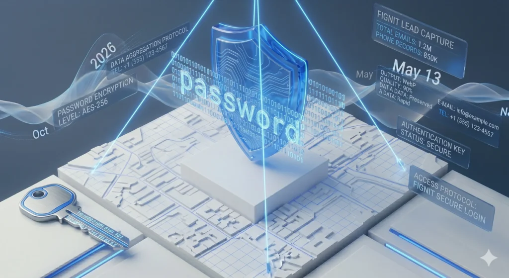 Fignit Secure Password Generator interface showing a randomized strong password with a visual strength meter and security settings.