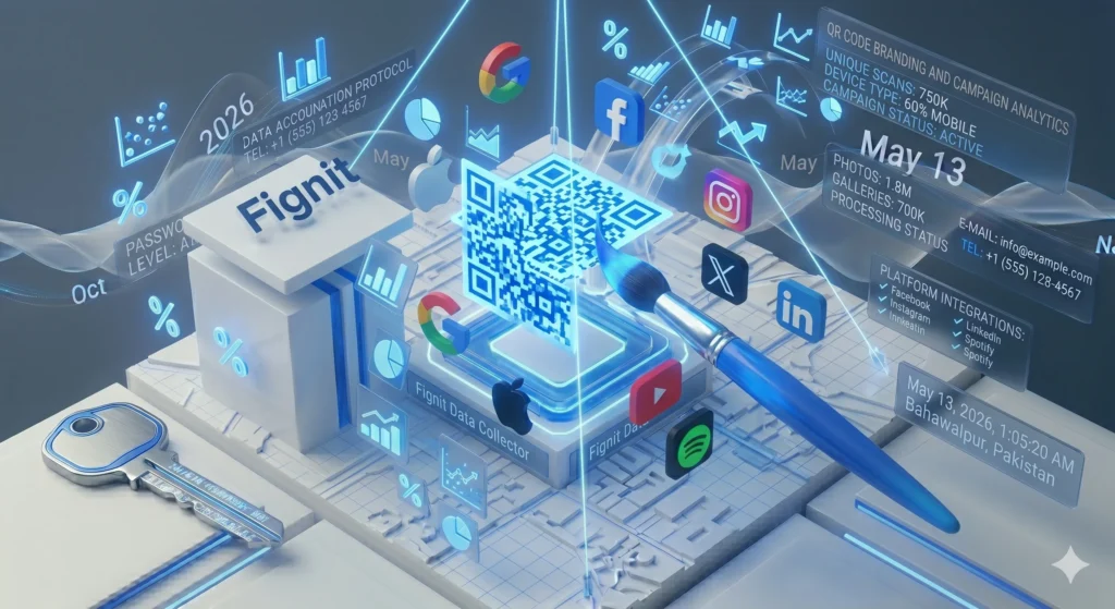 Fignit Professional QR Code Generator dashboard showing custom logo integration and color styling for branded QR codes.