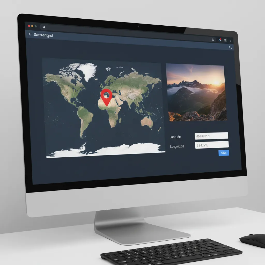 A digital interface of a geo tagging tool used for geotagging photos by adding location data to a geo tagging image.